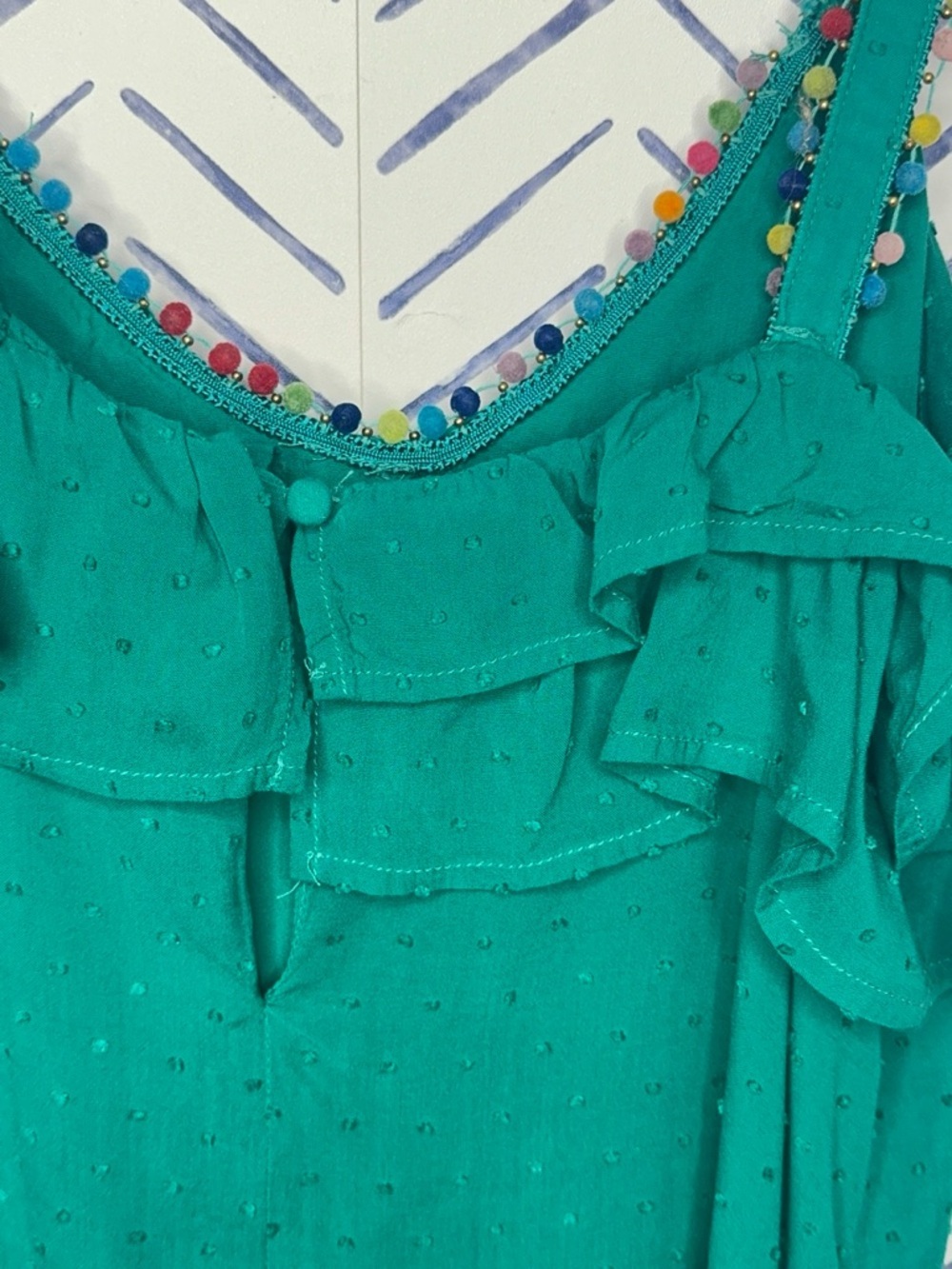 Francesca’s Swiss Dot Pom Pom Ruffled Mini Beach Dress sundress Size Small green - Picture 4 of 8